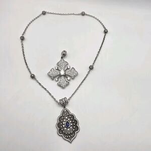 Espo Sterling Silver Art Deco 17" Necklace w/2 CZ Pendants Magnetic Clasp